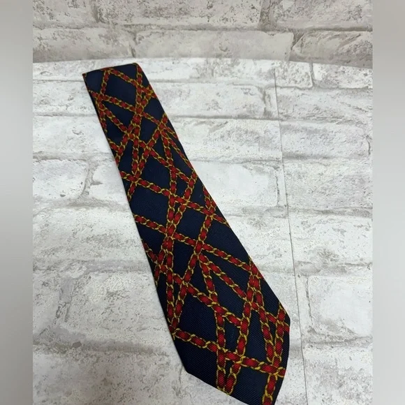 CHANEL vintage silk men’s necktie navy red gold chain ribbon pattern print - Picture 2 of 8